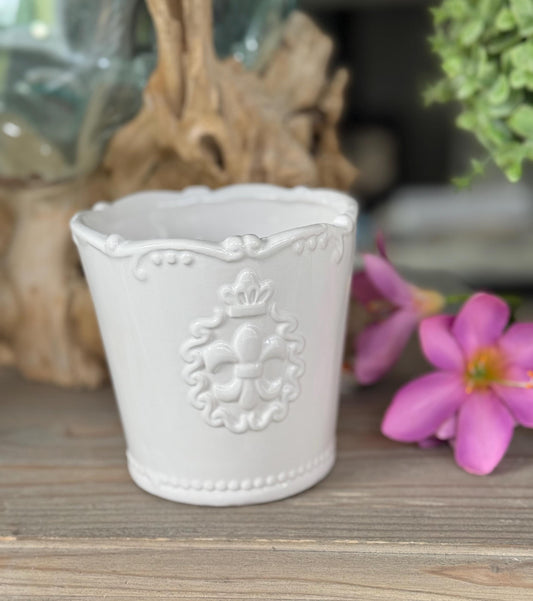 Embossed White Fleur De Lis Pot - Small