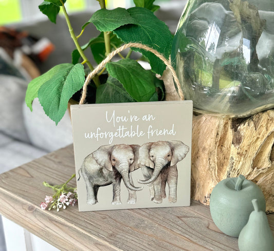 Wooden Hanging Elephant Sign/Plaque.  "You're an unforgettable Friend"