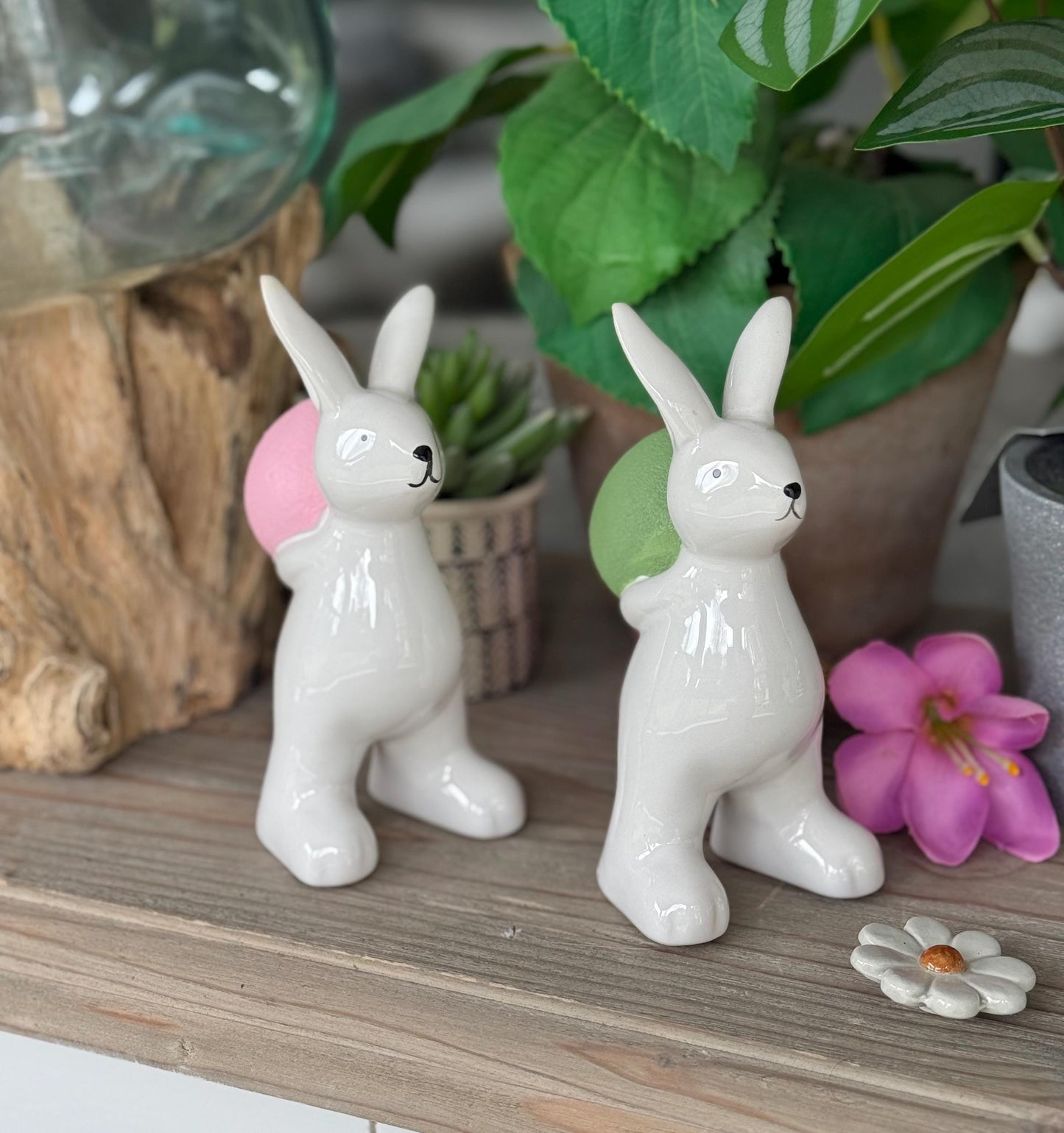 Ceramic White Glazed Bunny - Hand-painted Eggs available in 2 colours