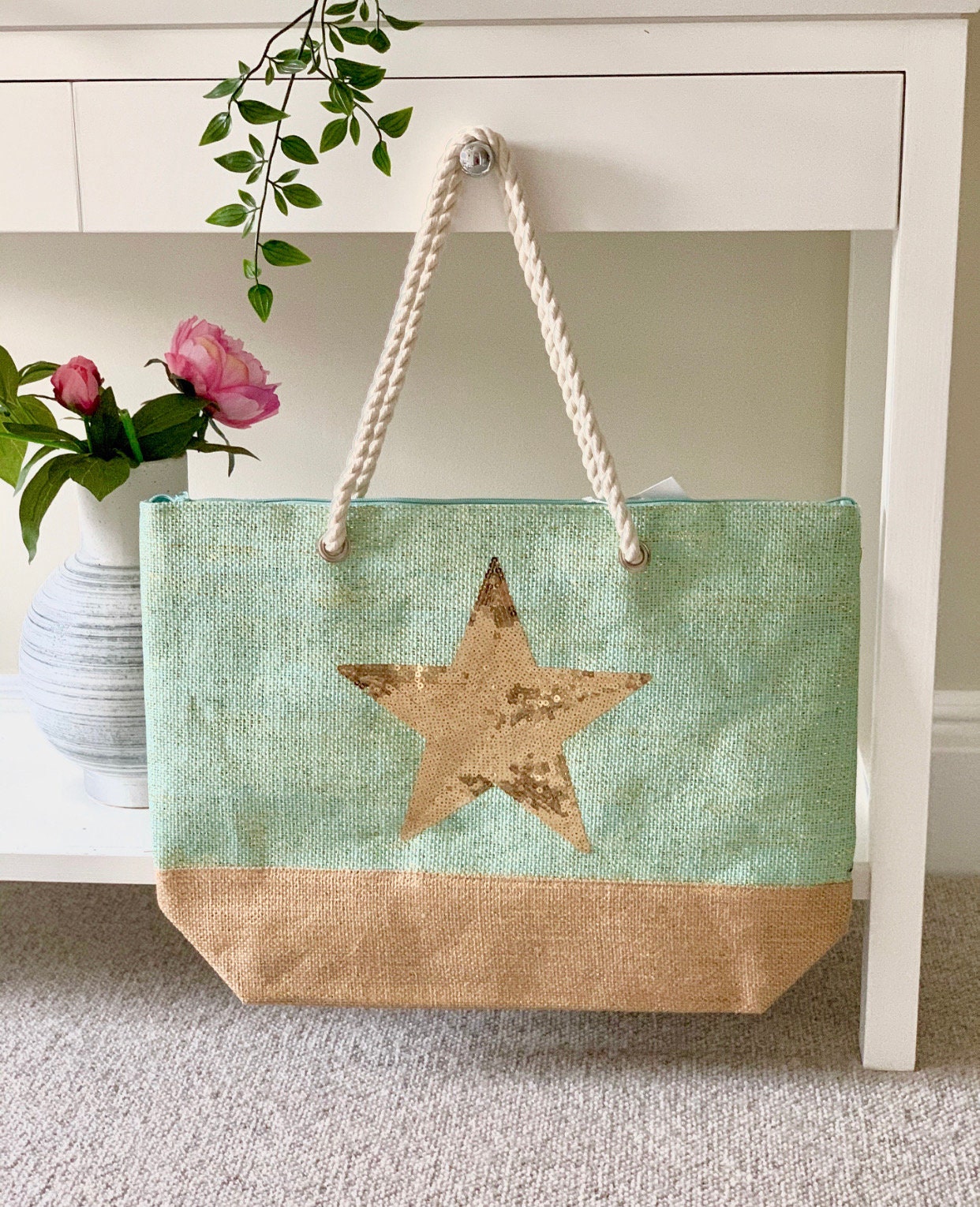 Teal/Gold Star Shopping Bag