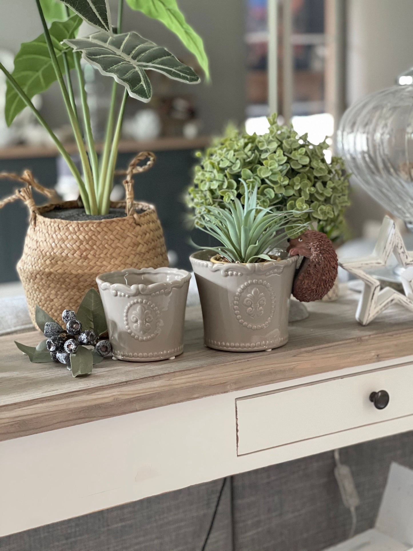 Embossed Grey Fleur De Lis Pot - 2 Sizes