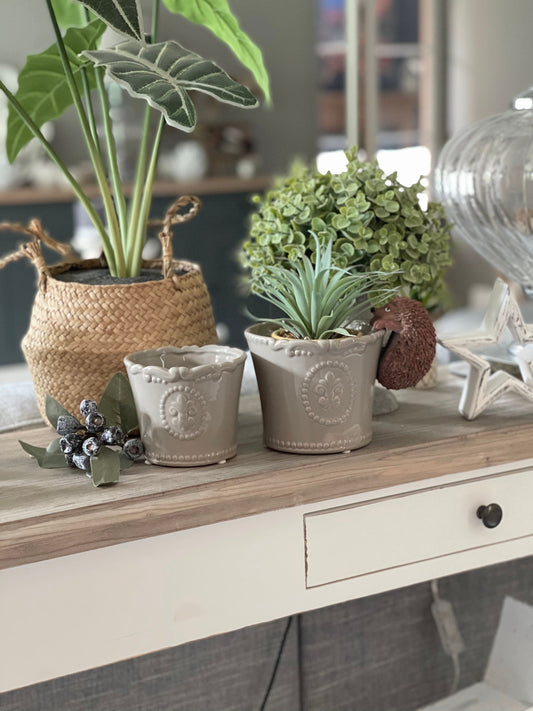 Embossed Grey Fleur De Lis Pot - 2 Sizes