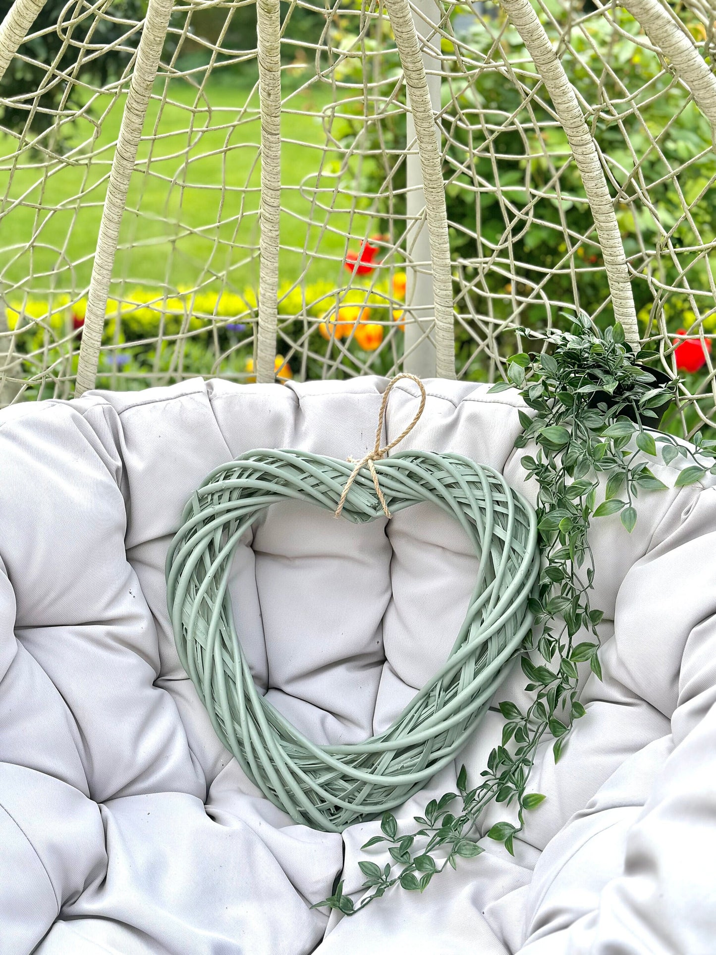 Medium Herb Green Wicker Hanging Heart - 40cm