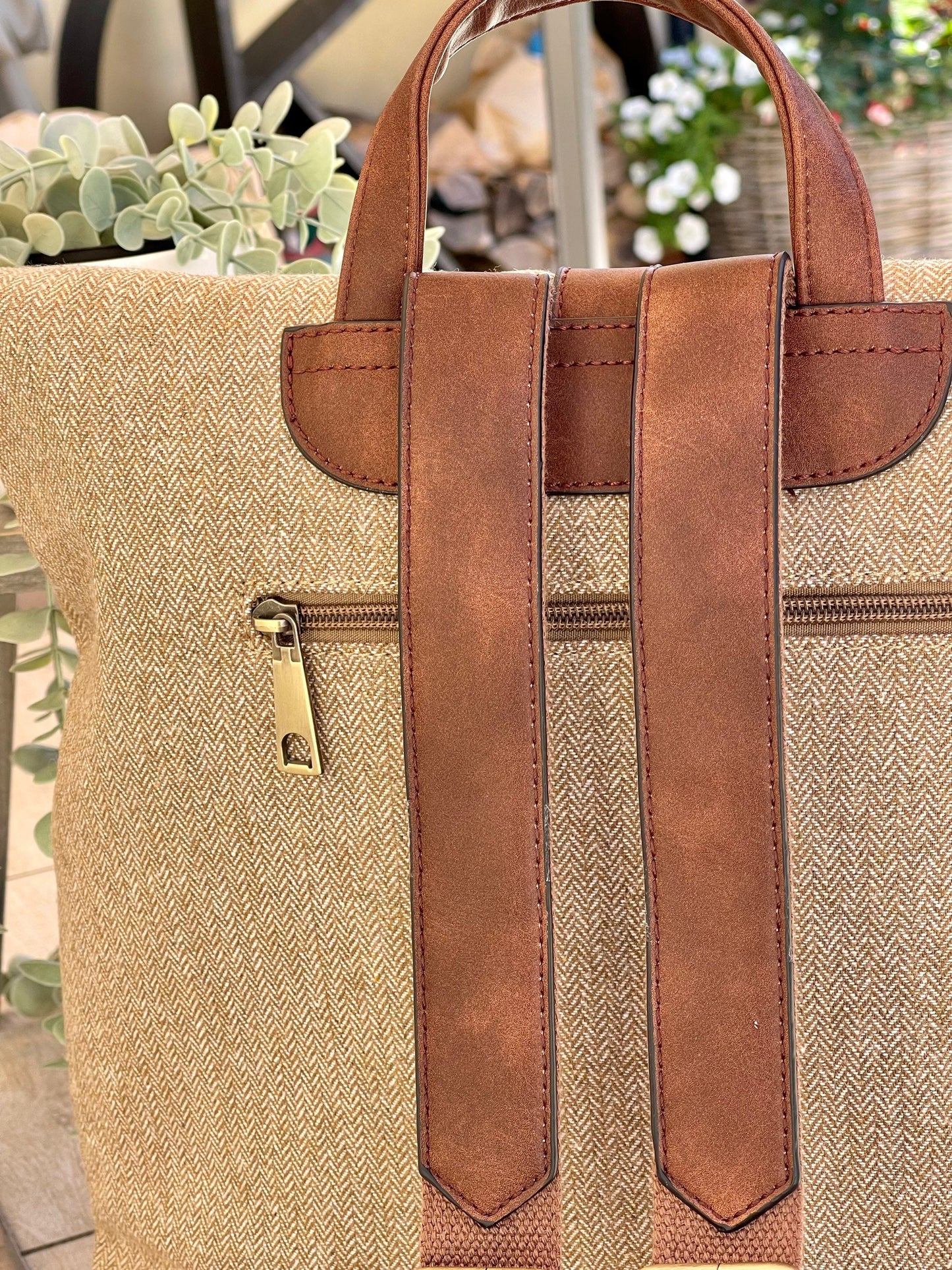 Camel/Taupe Herringbone Rucksack/Backpack