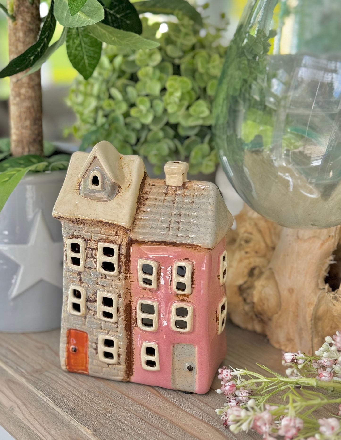 NEW! Pink and Grey Ceramic Double Townhouse Tealight Holder