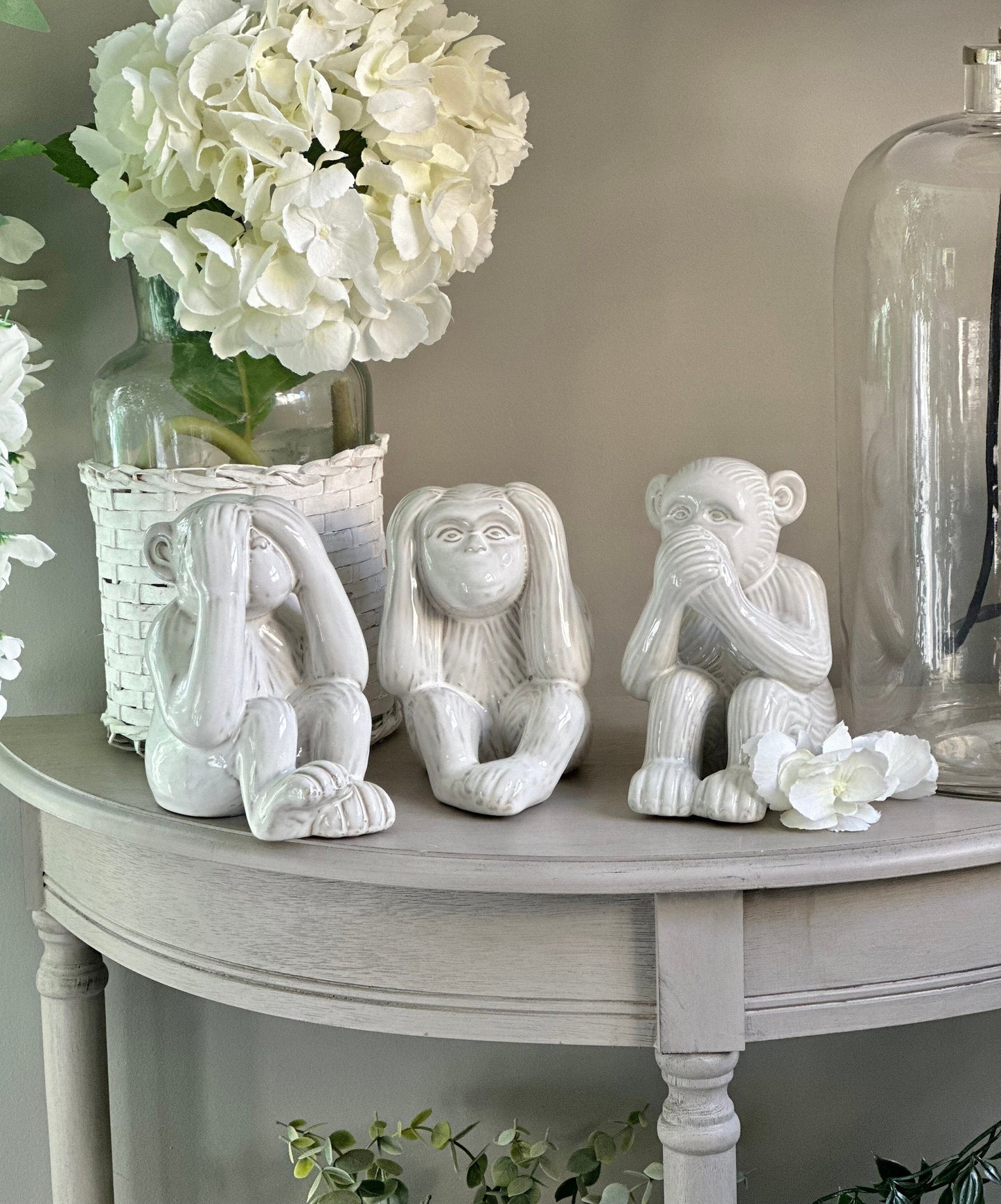 Set of 3 white Ceramic Monkeys:  See No Evil , Hear No Evil, Speak No Evil