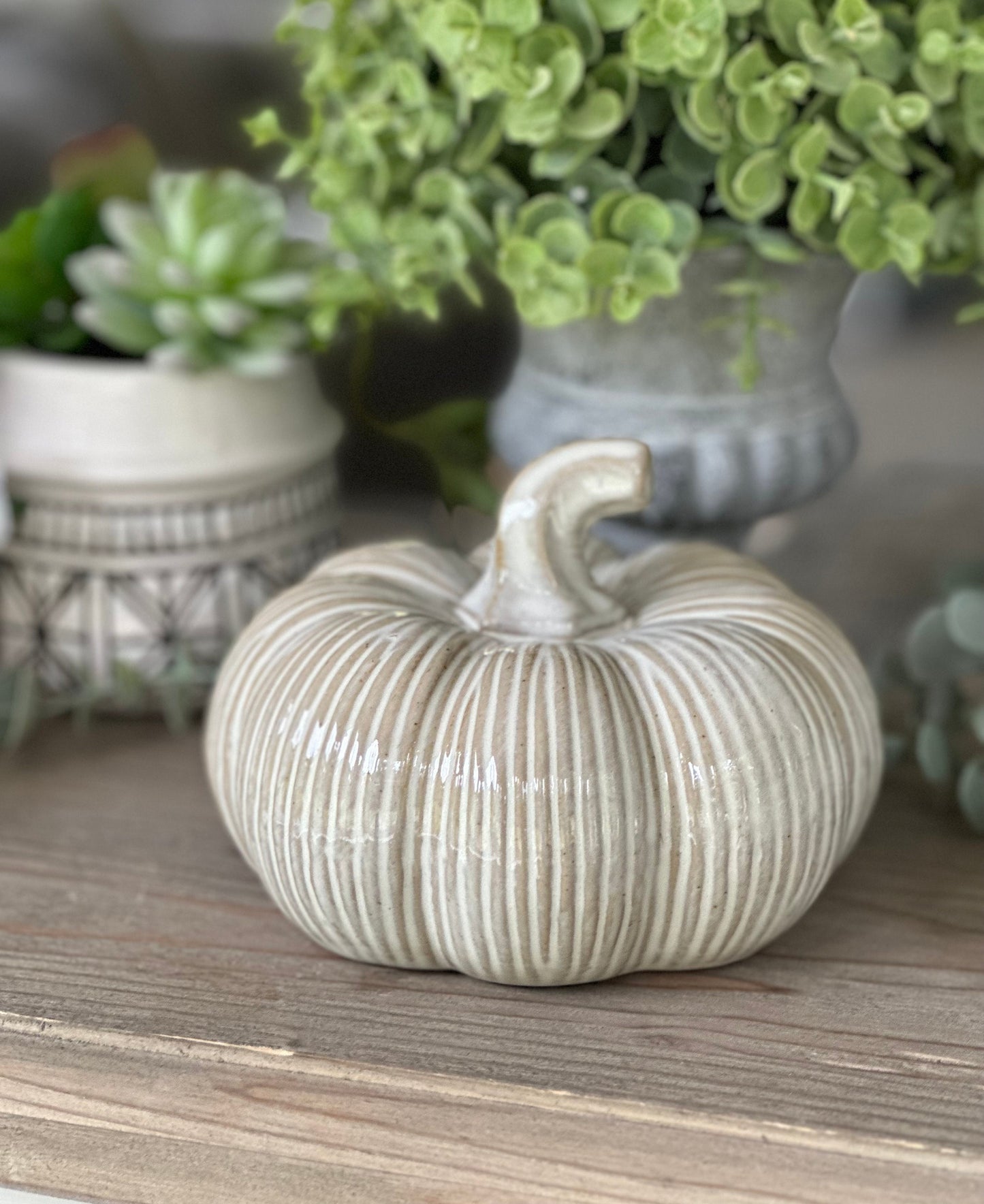 Distressed Ribbed White Ceramic Pumpkins - Choice of 2 Sizes