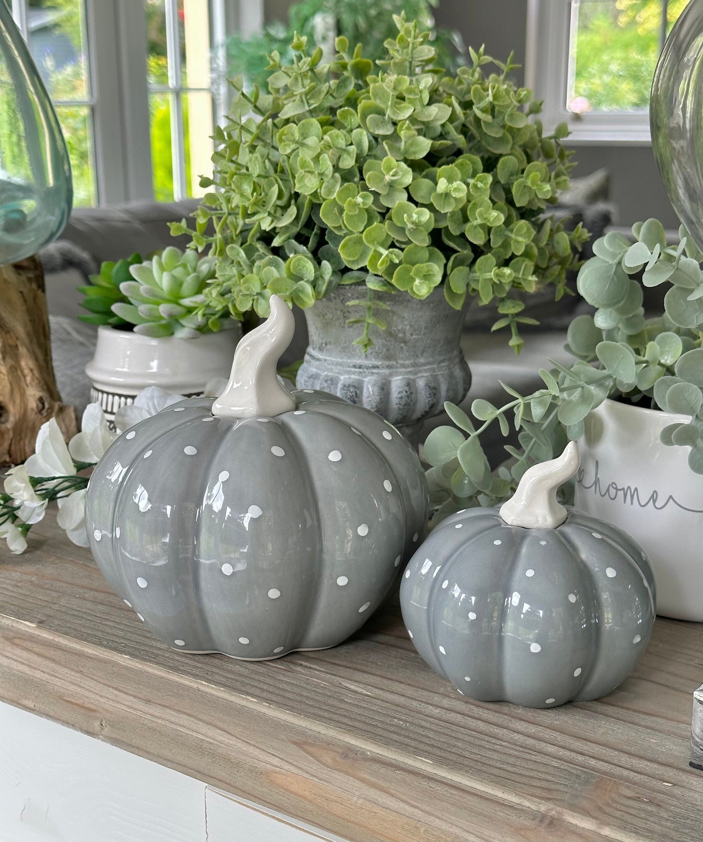 Grey and White Glossy Ceramic Pumpkin Set of 2