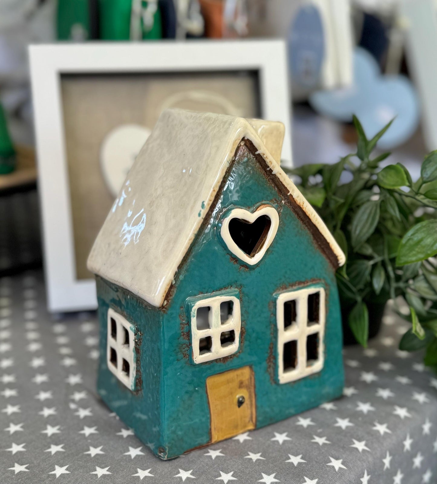 NEW! Teal Ceramic Heart House Tealight Holder