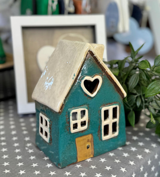 NEW! Teal Ceramic Heart House Tealight Holder