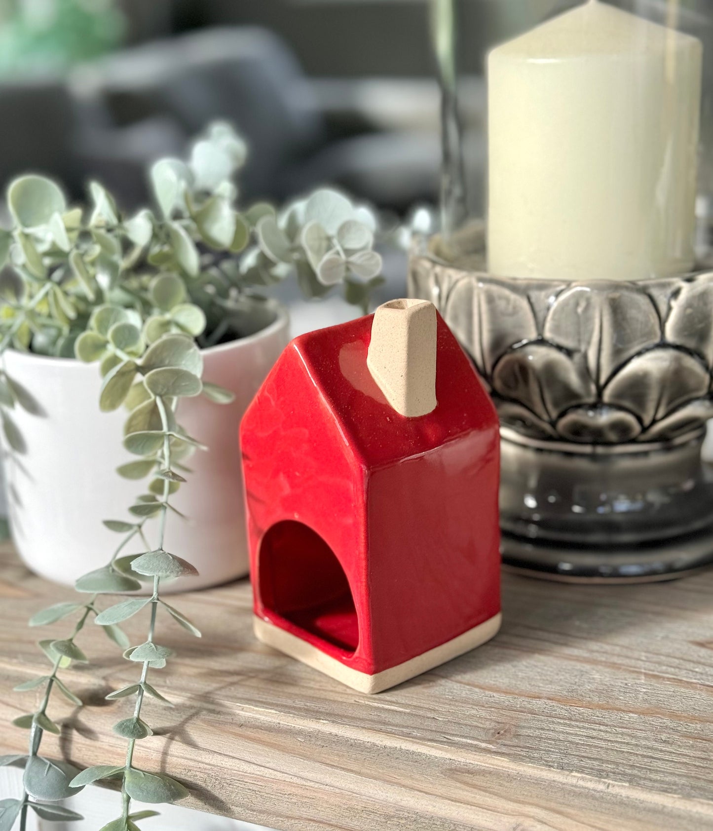 Red Ceramic House Tea Light Holder