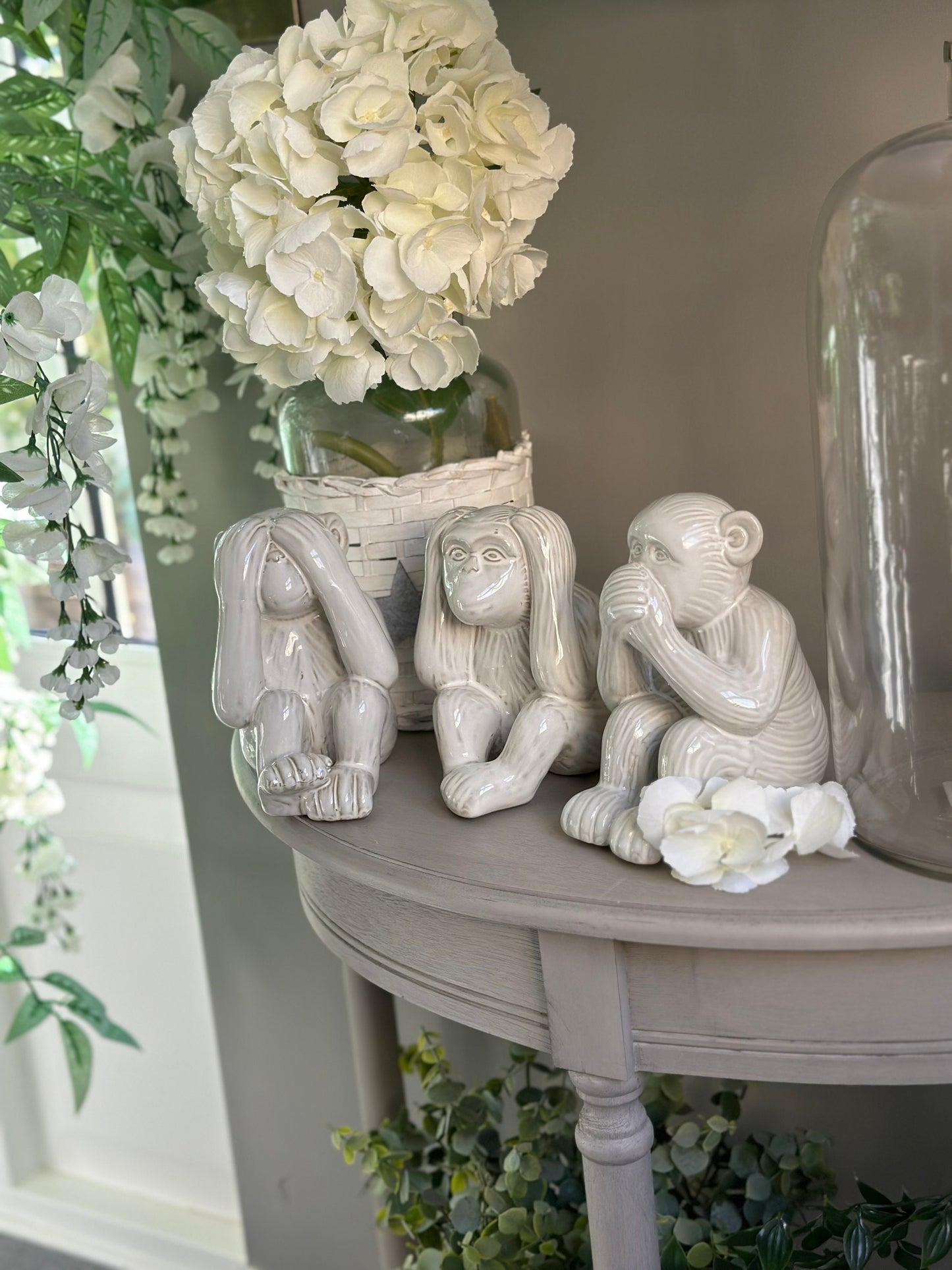 Set of 3 white Ceramic Monkeys:  See No Evil , Hear No Evil, Speak No Evil