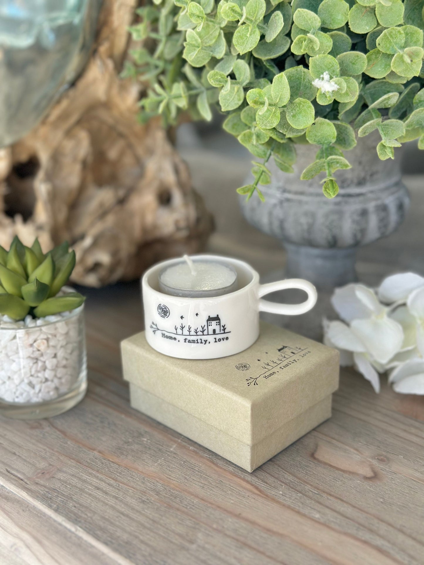 Handled "Home, Family, Love” Tea Light Holder