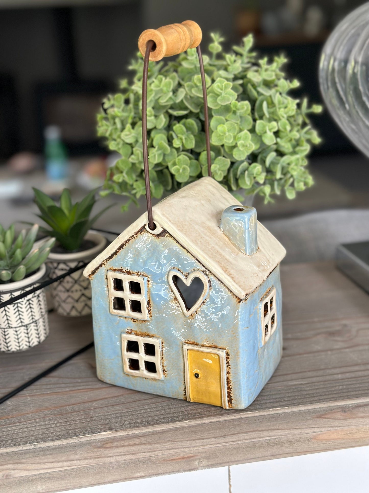 Pale Blue Ceramic House/Cottage Candle Holder with Handle
