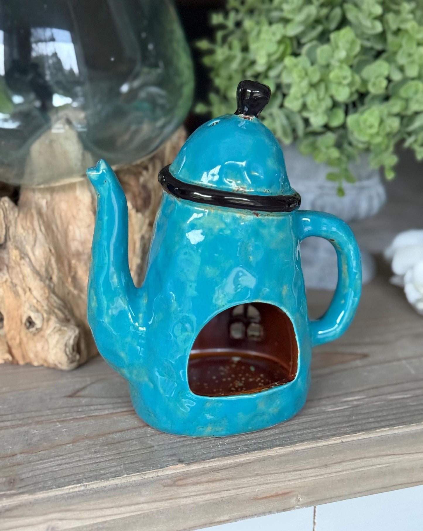 Blue Ceramic Teapot Candle Holder