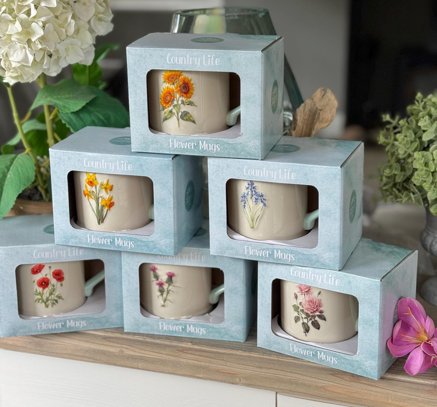 NEW Stoneware Embossed Mug - Rose, Sunflower, Thistle, Bluebells, Daffodil and Poppy