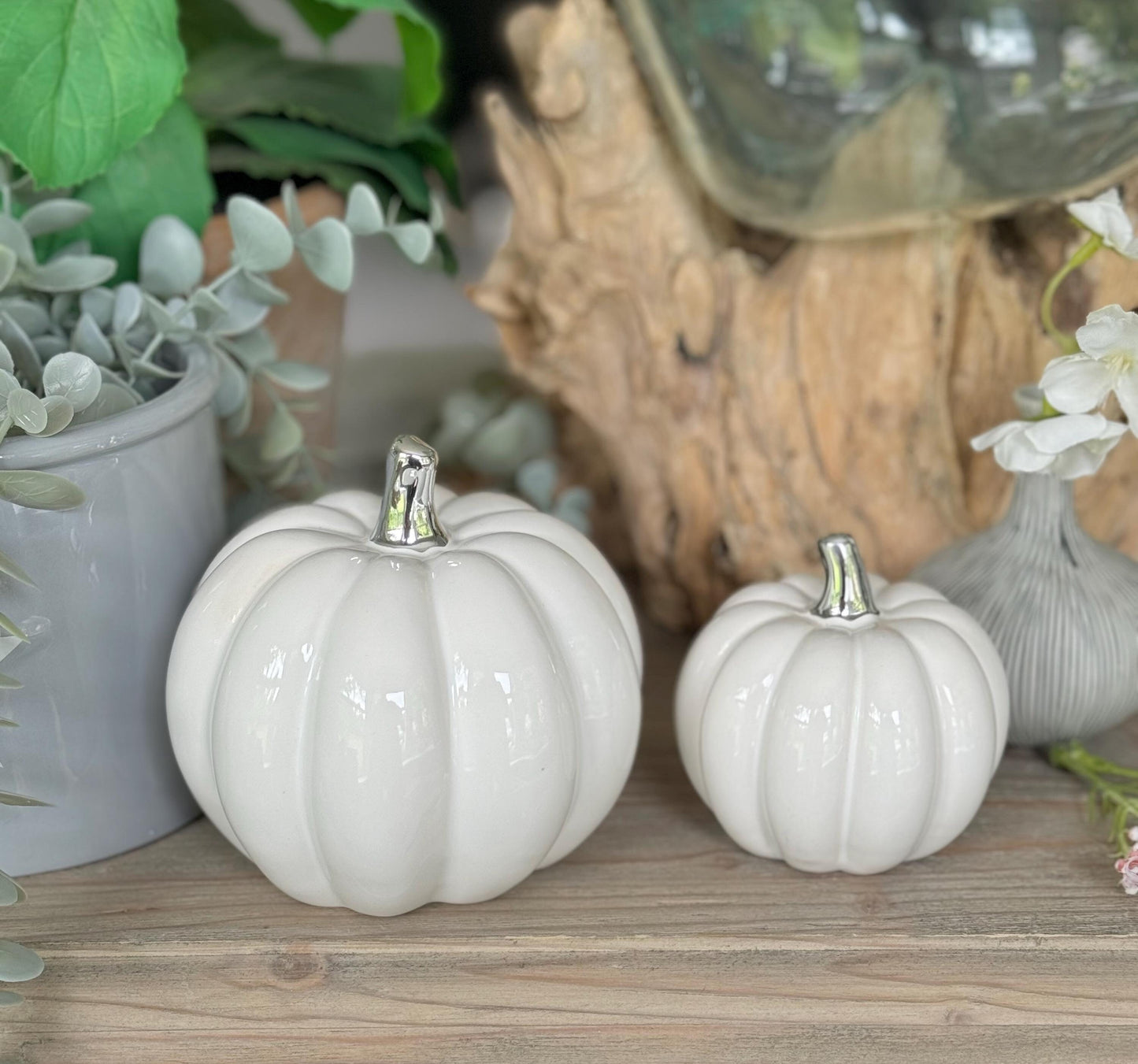 White Glossy Ceramic Pumpkins with Silver Stalk - Choice of 2 Sizes
