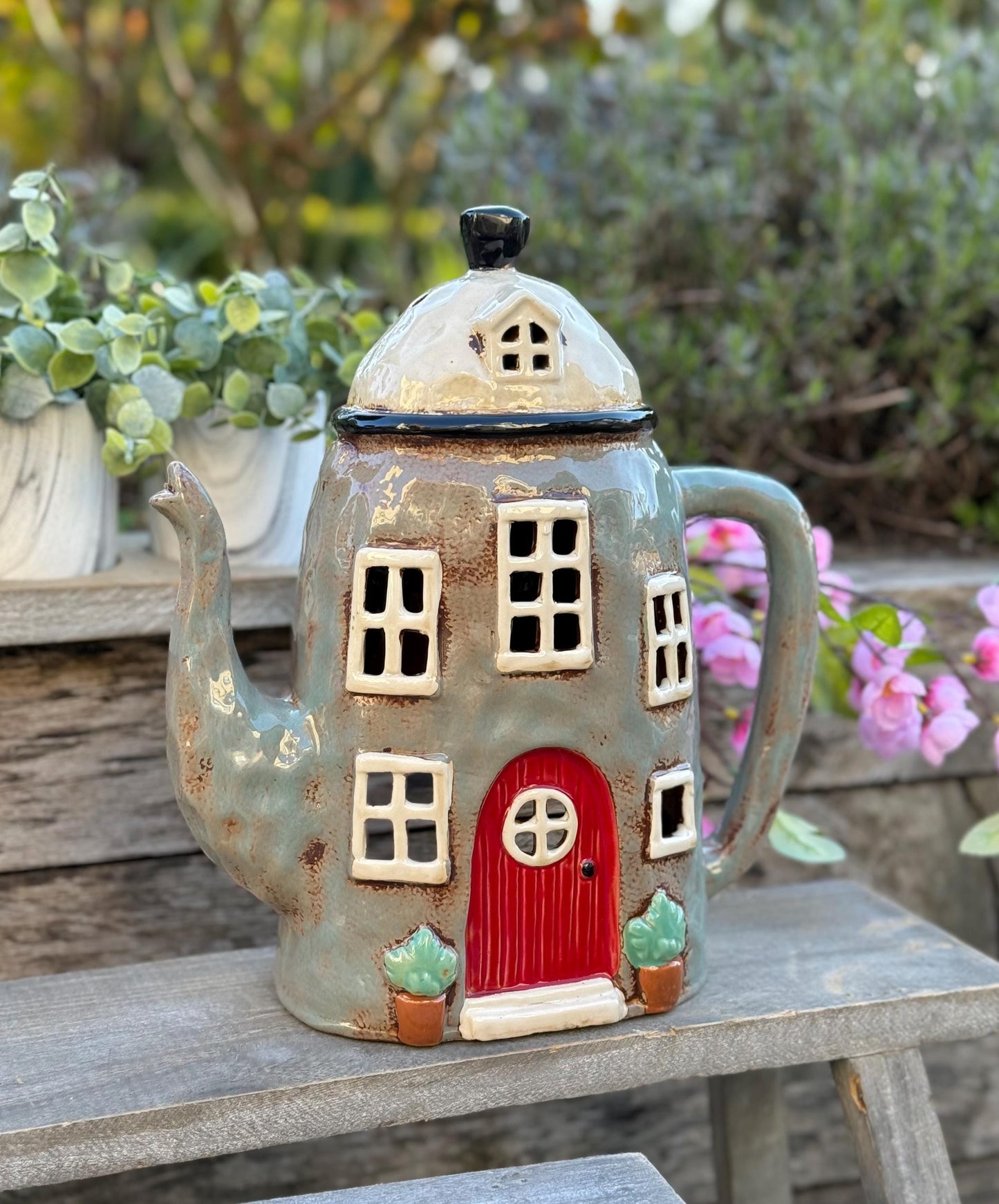 Large Grey Teapot Tealight/Candle Holder/LED Lights