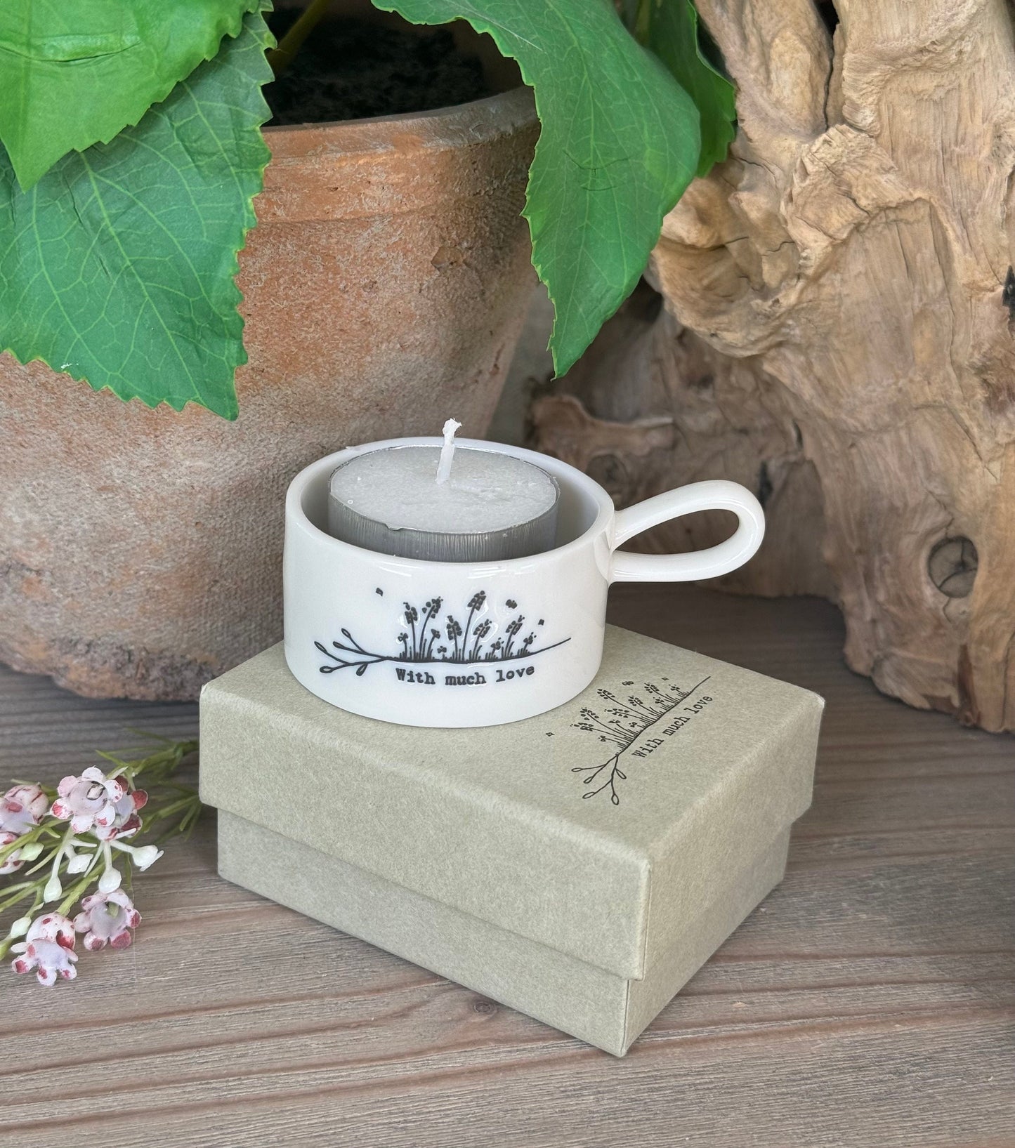 Handled "With Much Love" Porcelain Tea light Holder