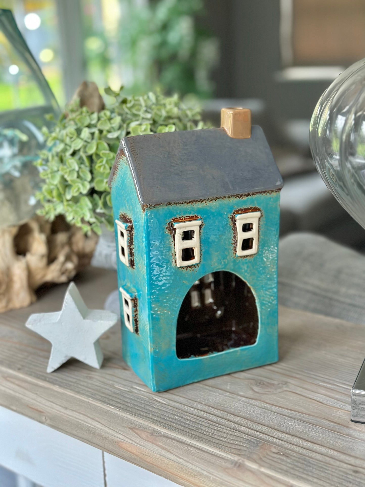 Turquoise Ceramic House /Cottage Candle Holder