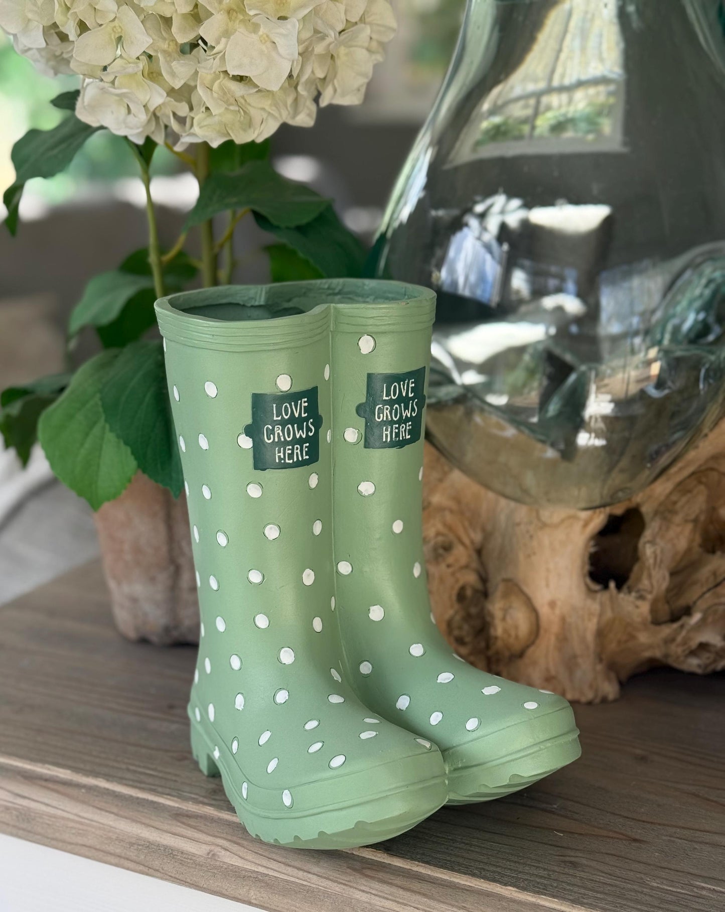 Green Polka Dot Welly Planter
