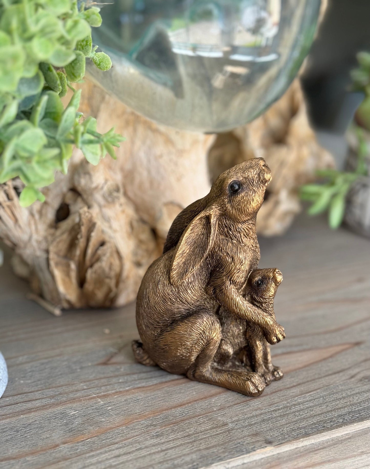 Bronzed Ornamental Sitting Hare & Baby