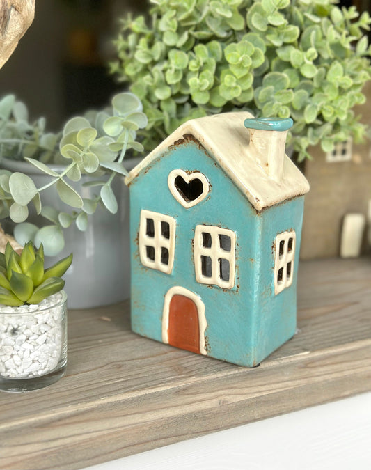 Teal Ceramic House /Cottage Candle Holder