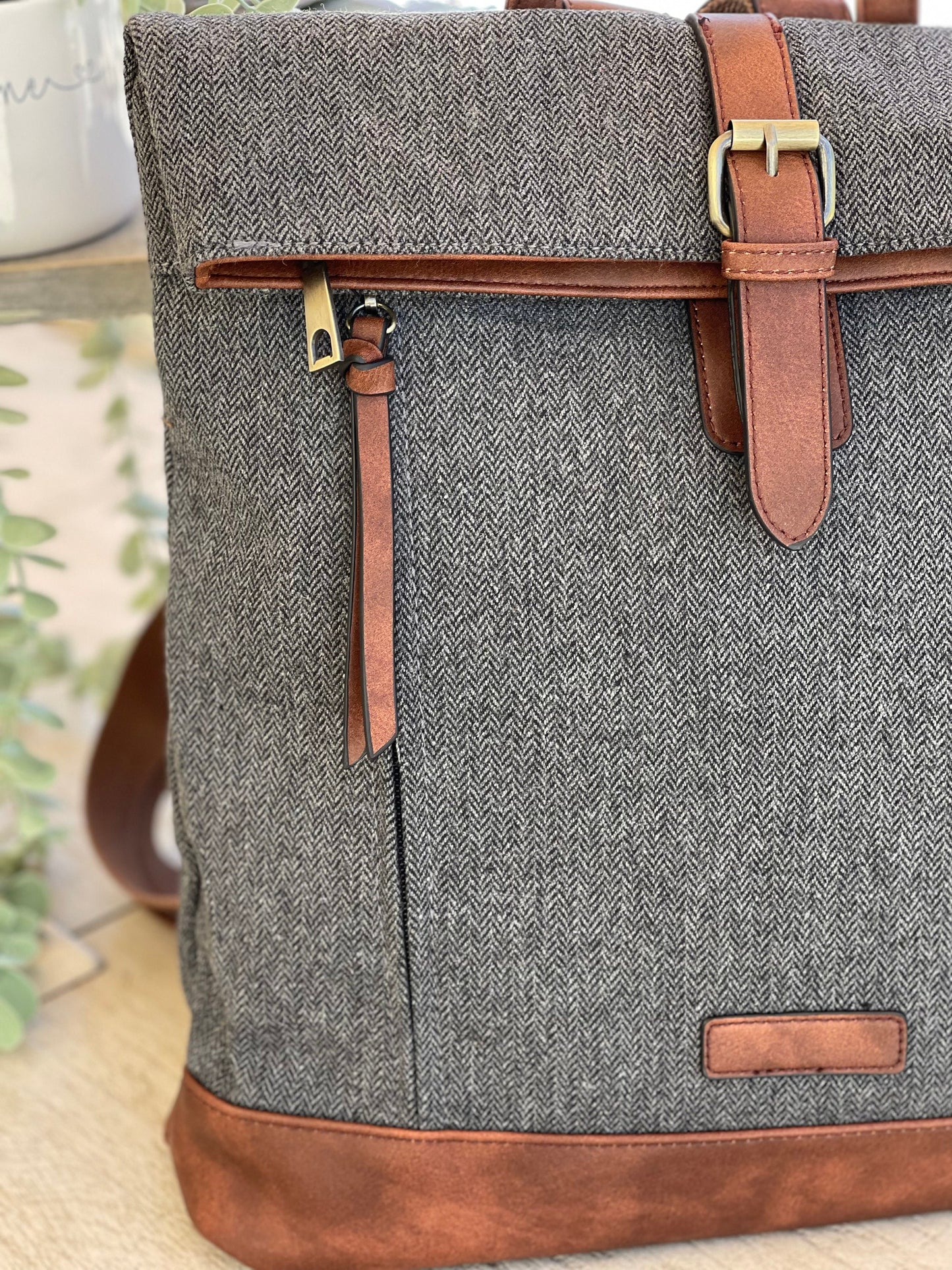 Grey Herringbone Rucksack/Backpack