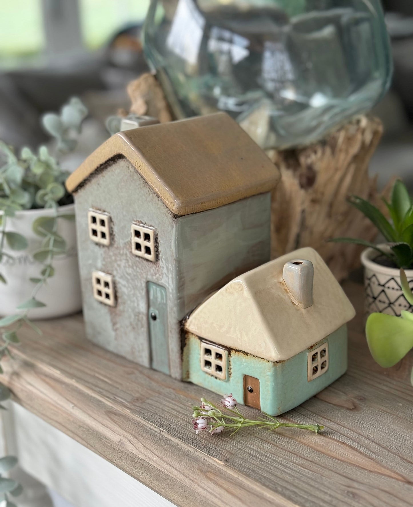 Cottage Pottery Grey/Aqua Two Tealight Houses