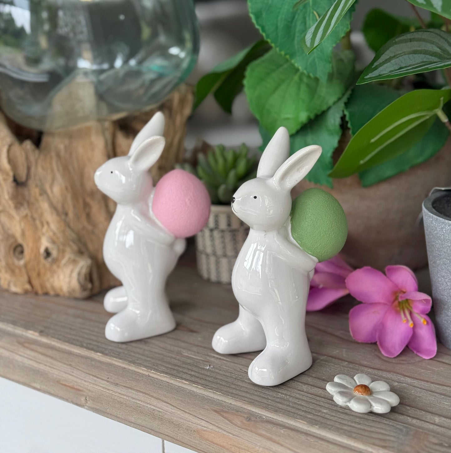 Ceramic White Glazed Bunny - Hand-painted Eggs available in 2 colours