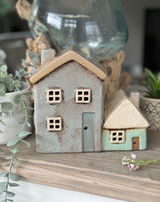 Cottage Pottery Grey/Aqua Two Tealight Houses