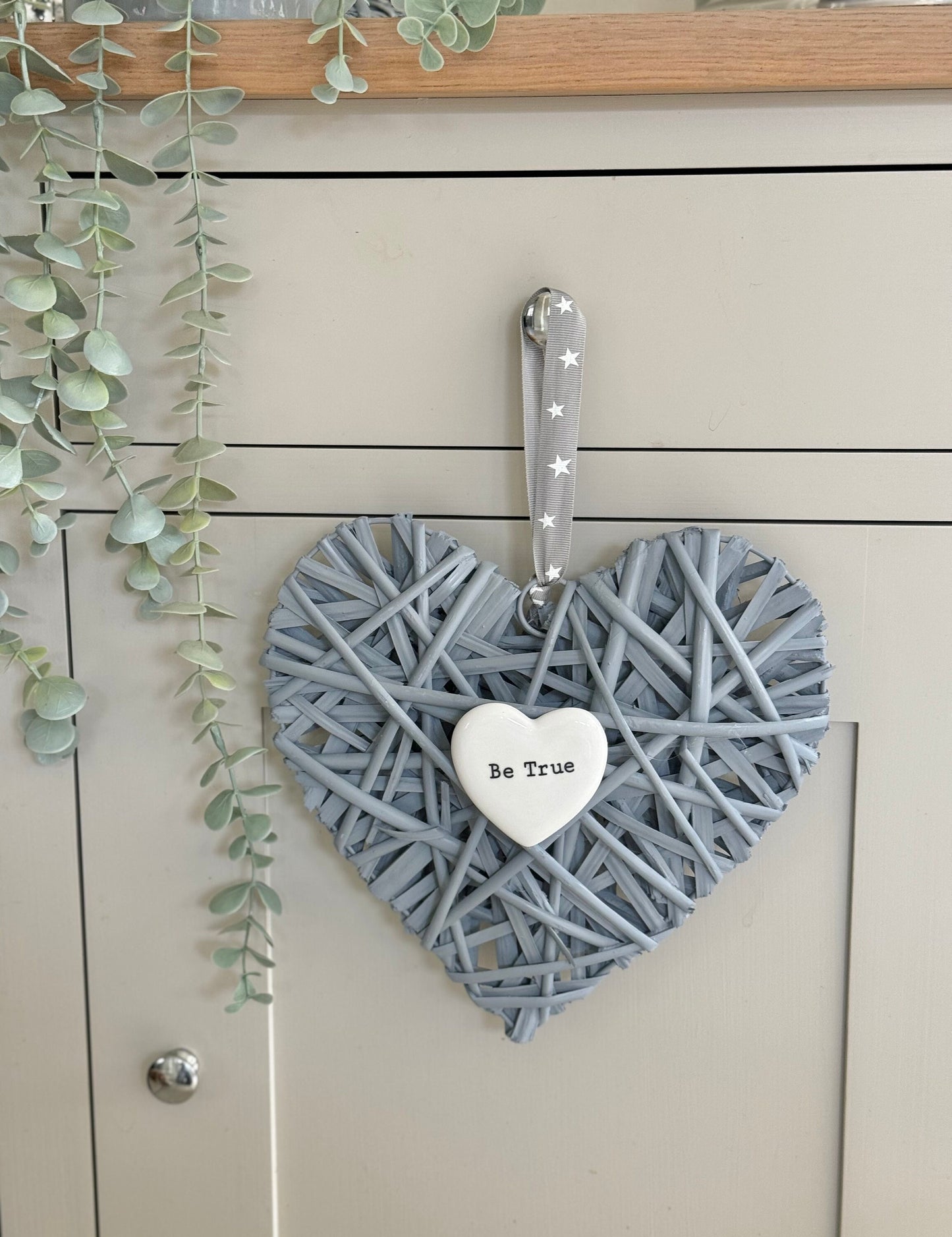 Be True Grey Wicker Heart Hanger