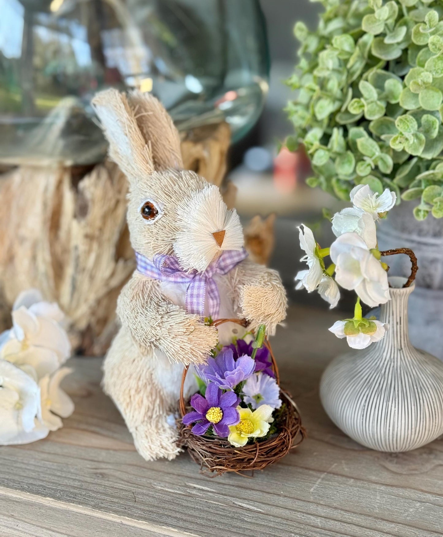 Bristle Bunny with Ribbon and Wicker Basket