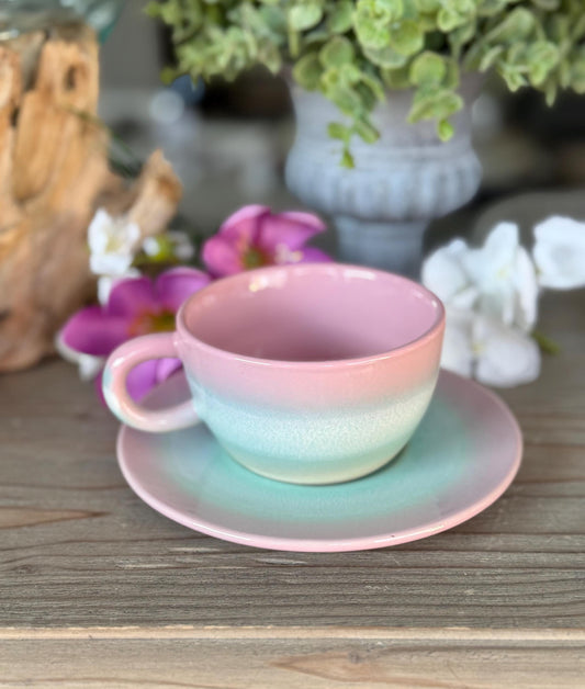 Pastel Tea Cup and Saucer Set:  Pink/Green
