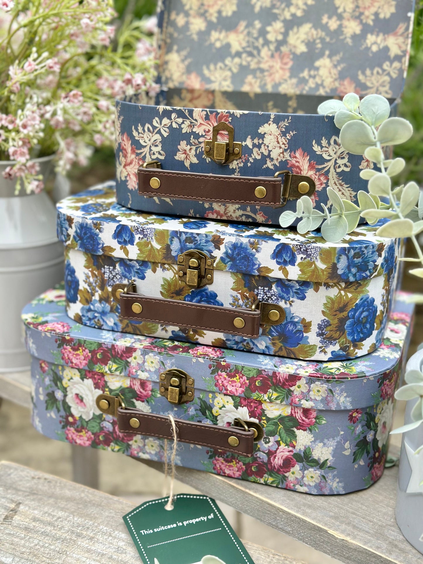 Delphine Blue Vintage Rose Suitcases - Set Of 3