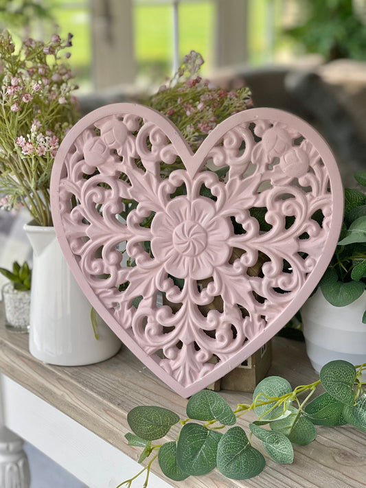 Rustic Rose Pink Painted Carved Heart