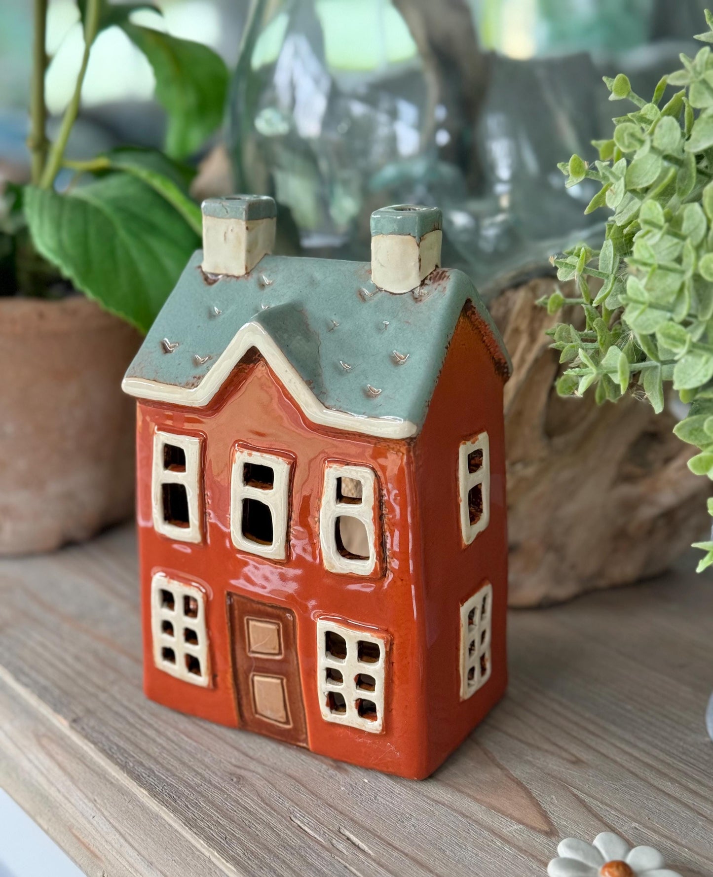 Burnt Orange Ceramic Townhouse Candle Holder