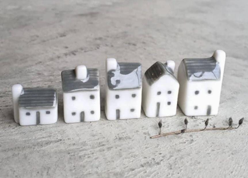 Five Mini White Porcelain Houses in a Box