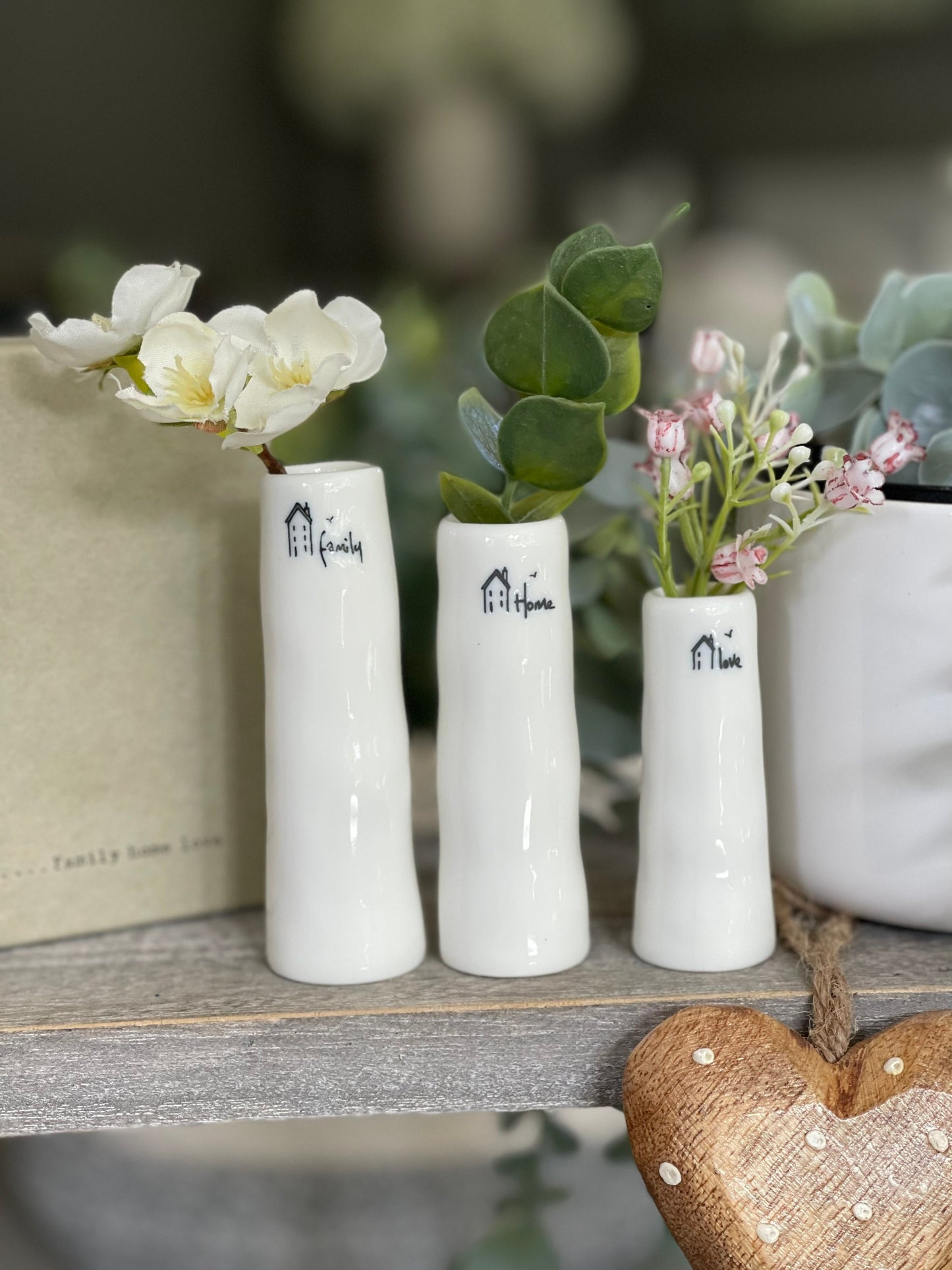 Set of 3 Porcelain Bud Vases - Home, Family, Love