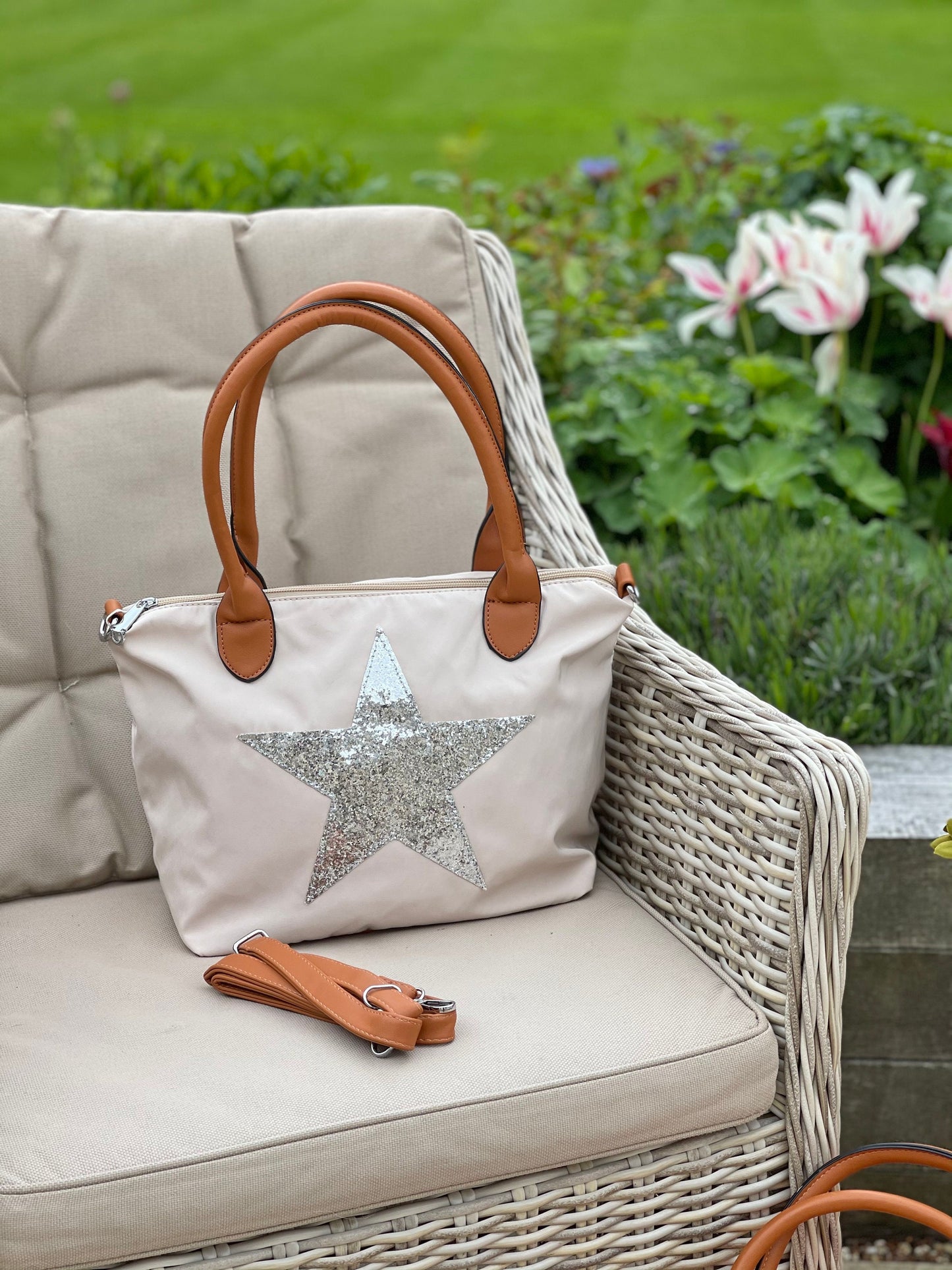 Lightweight Beige Nylon Star Bag