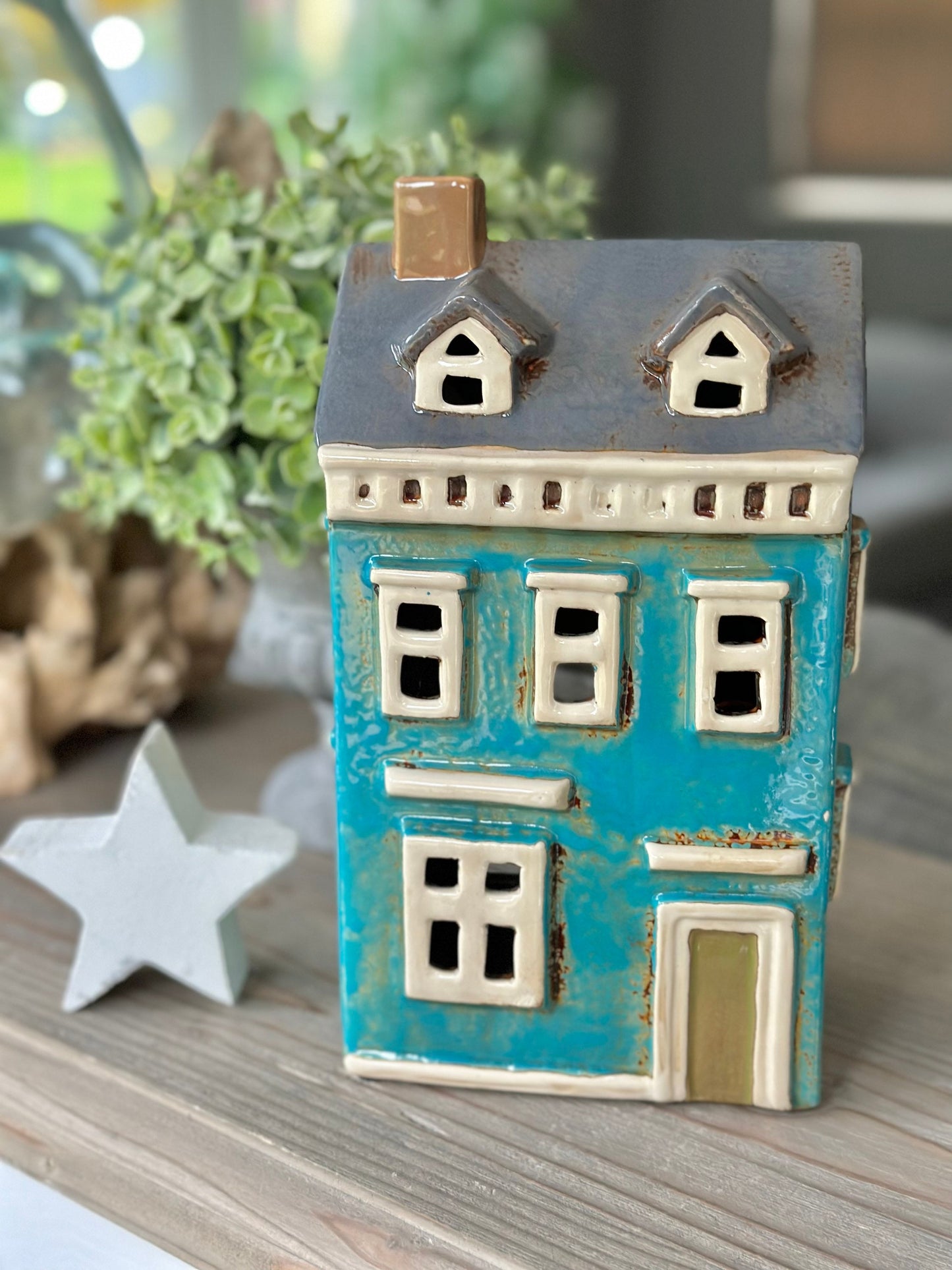 Turquoise Ceramic House /Cottage Candle Holder