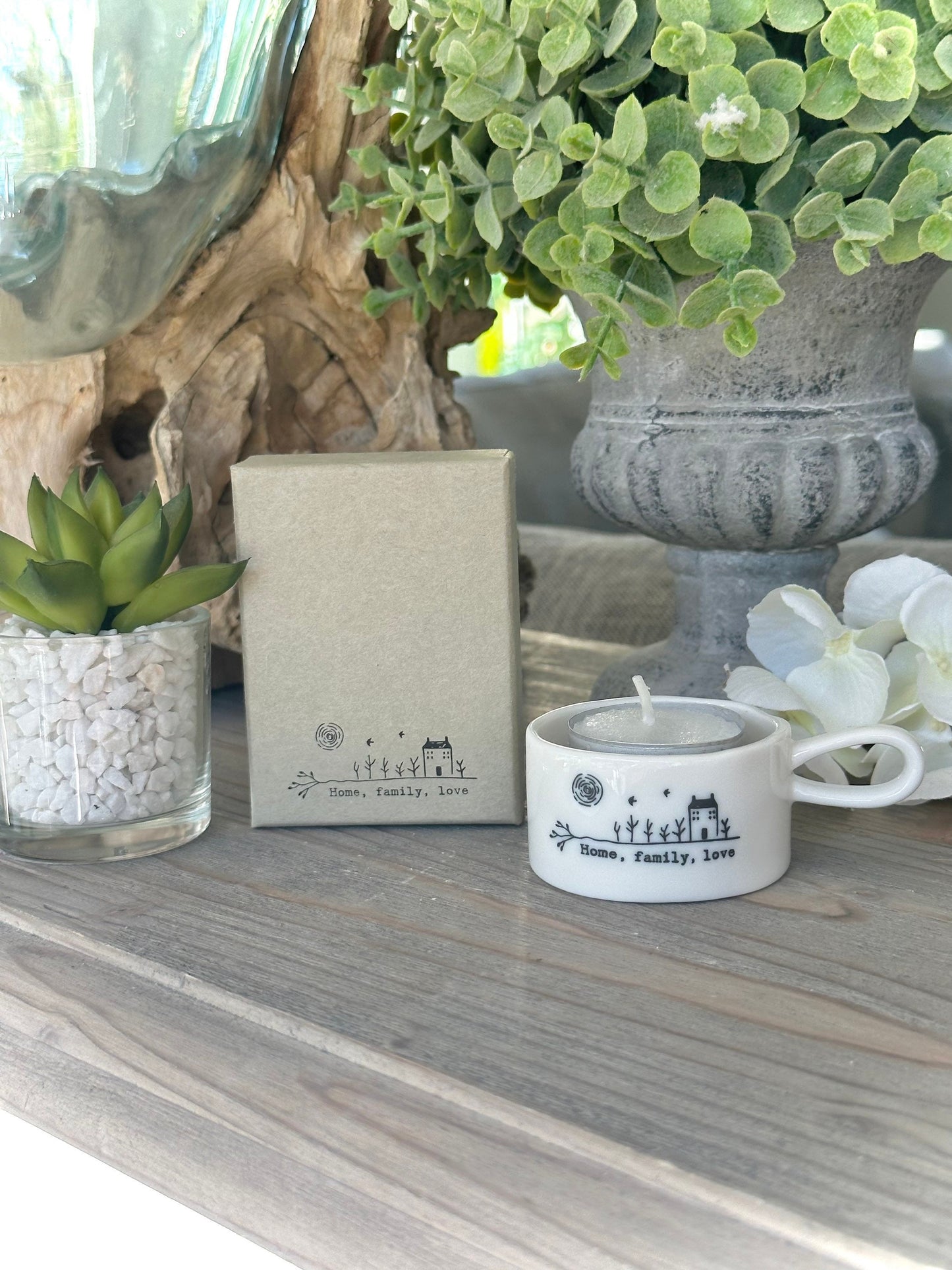 Handled "Home, Family, Love” Tea Light Holder