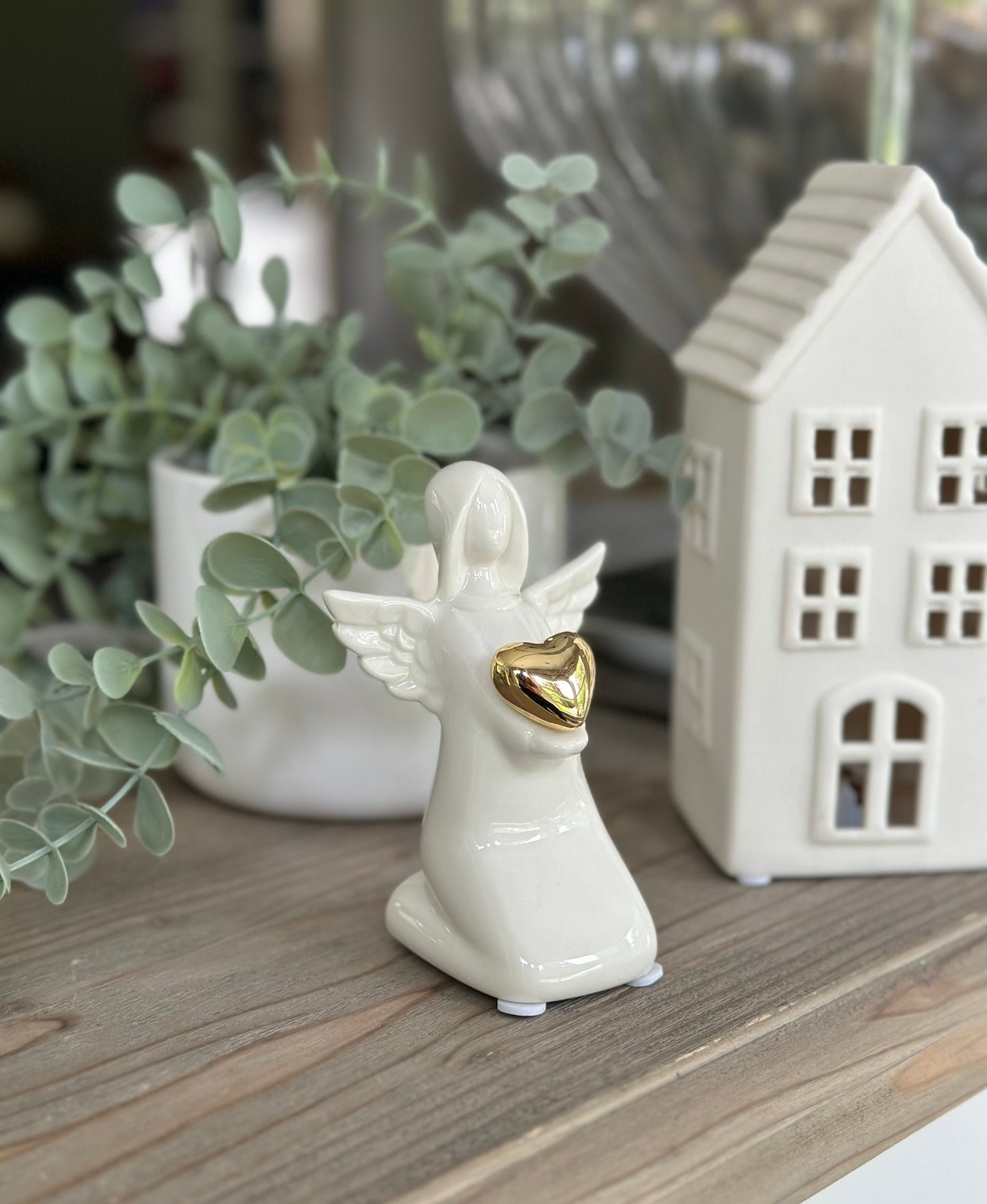 Glossy White ceramic glazed Angel with Gold Heart - 2 Sizes Available