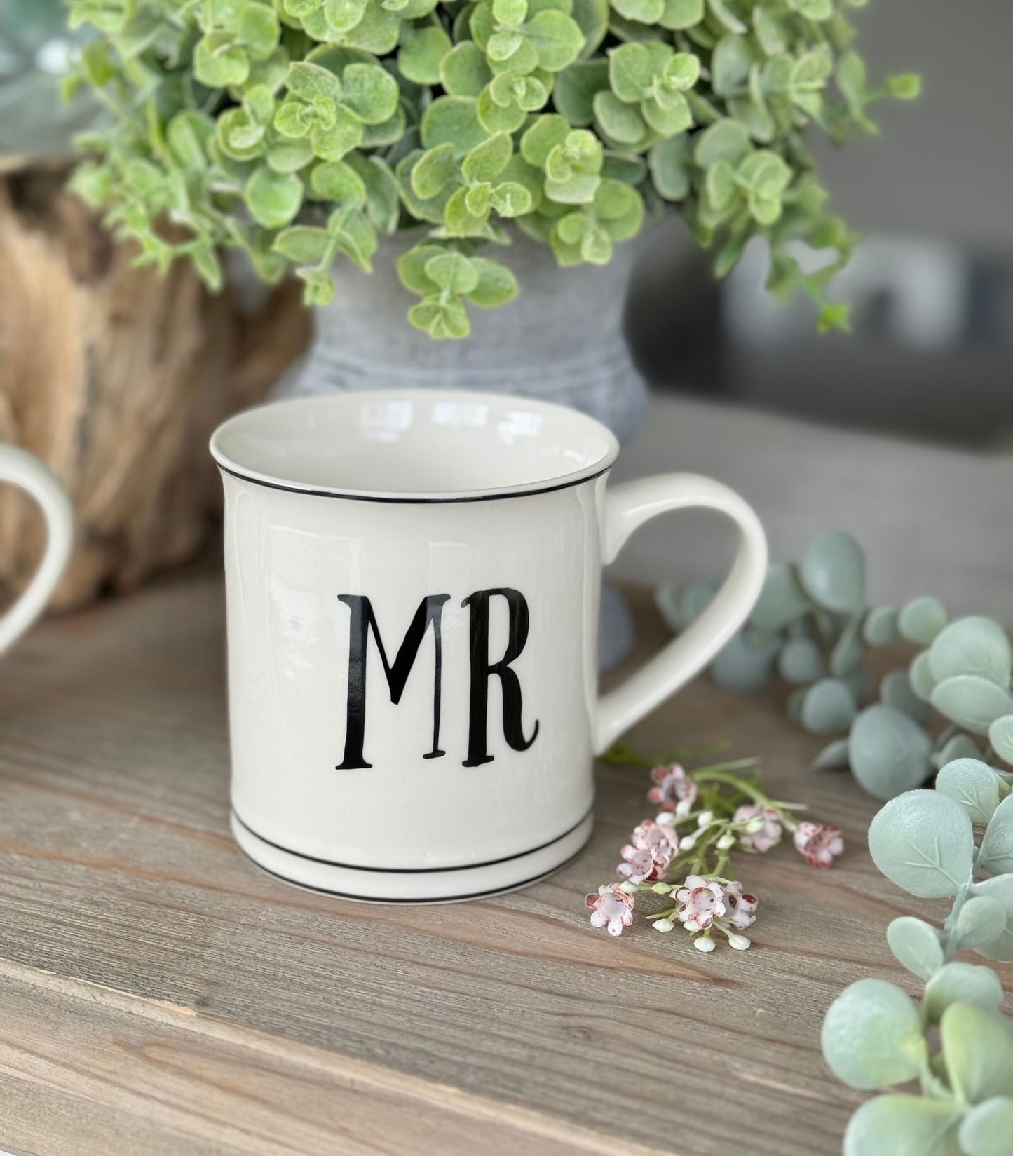 White Mr and Mrs Porcelain Mugs.