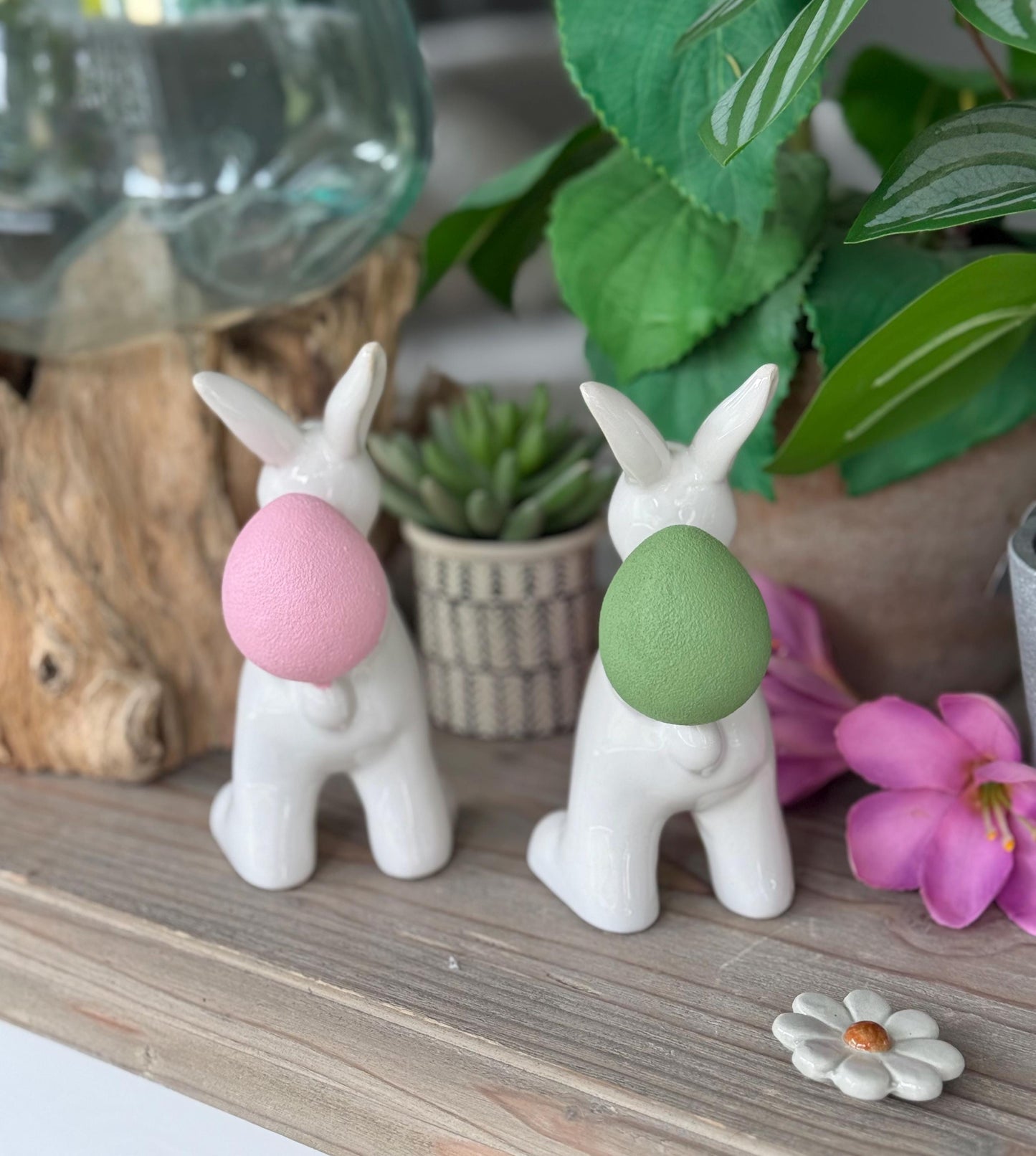 Ceramic White Glazed Bunny - Hand-painted Eggs available in 2 colours