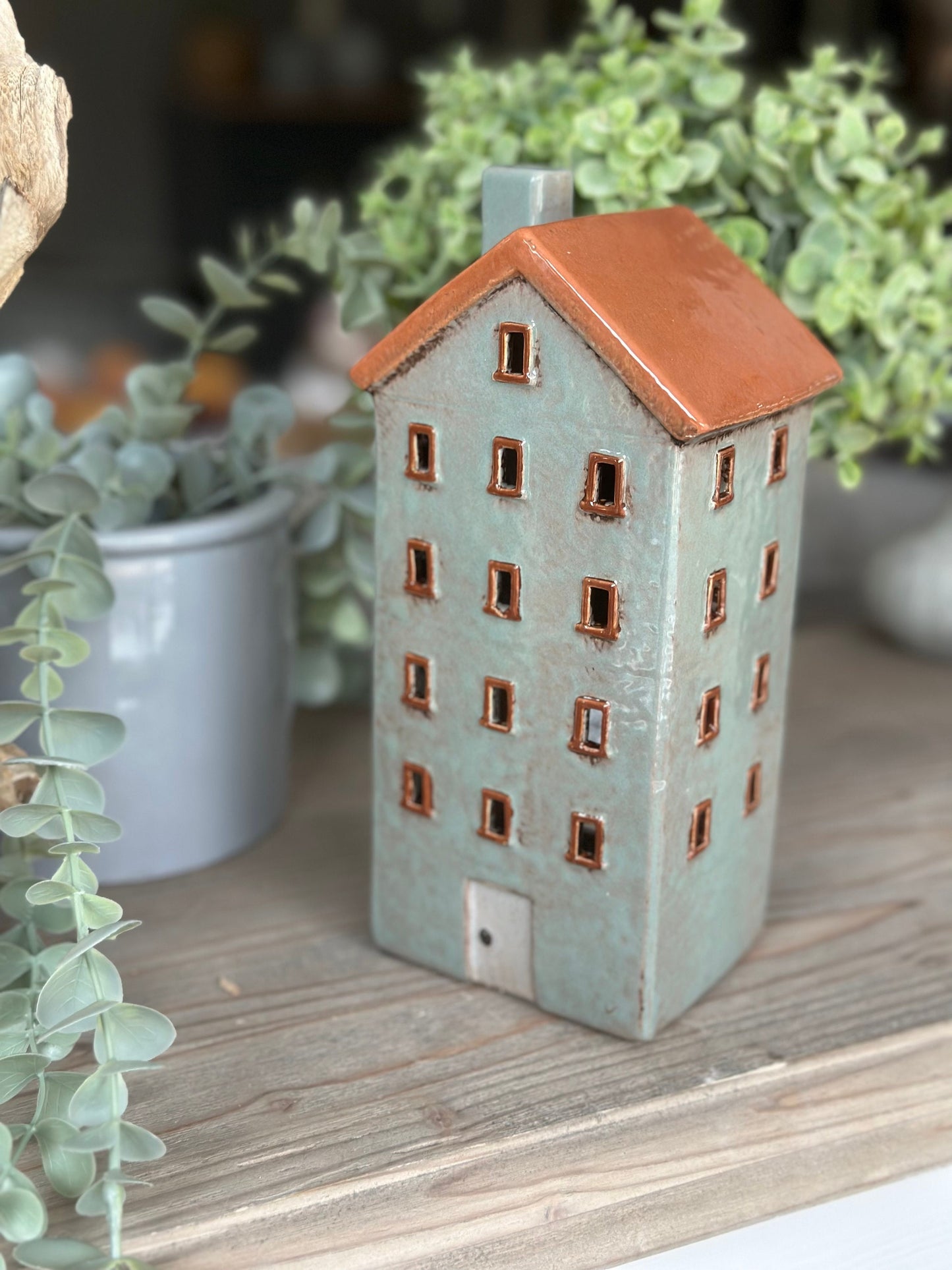 Grey/Blue Ceramic House /Cottage Candle Holder