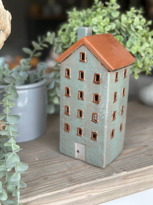 Grey/Blue Ceramic House /Cottage Candle Holder