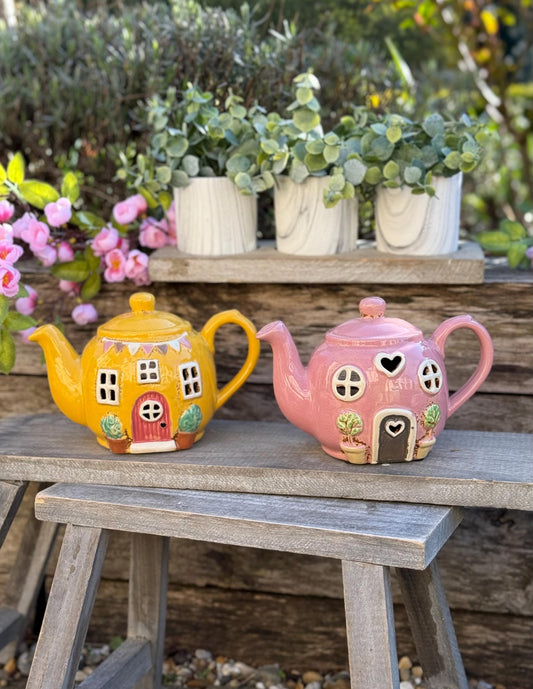 Ceramic Teapot House Tealight/Candle Holder - Yellow and Pink Available