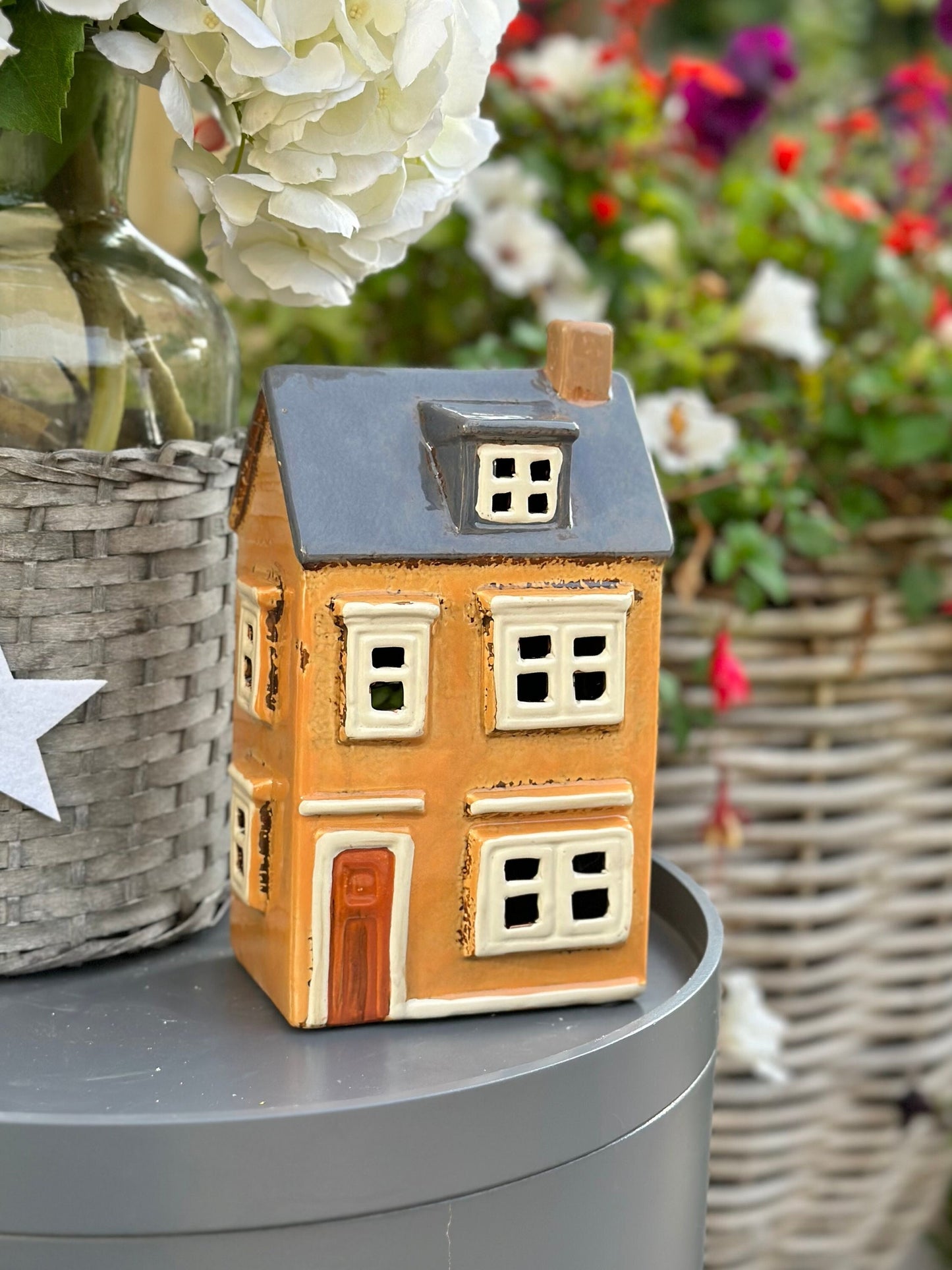 Burnt Orange Ceramic House/Cottage Candle Holder - 22cm