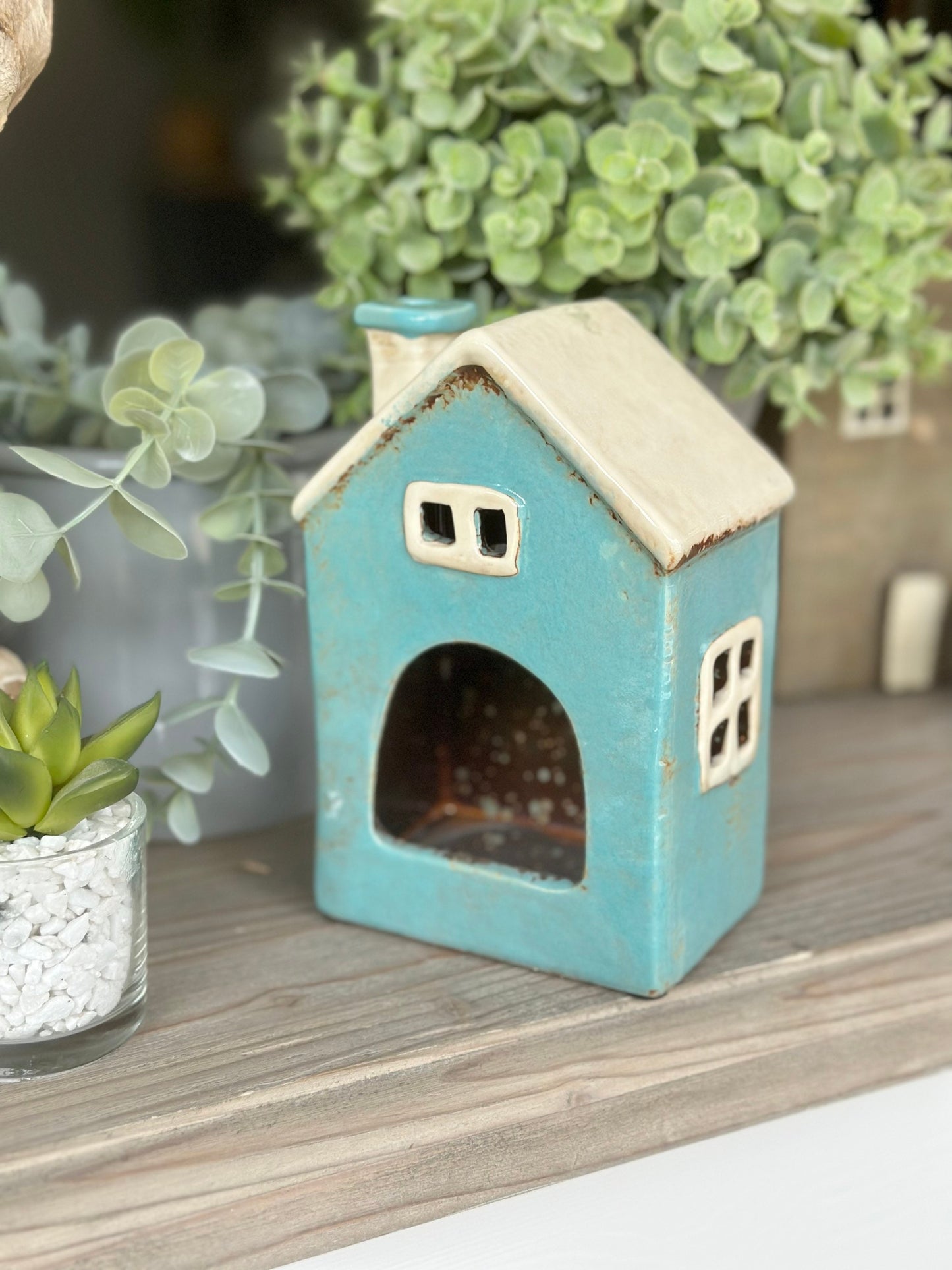 Teal Ceramic House /Cottage Candle Holder